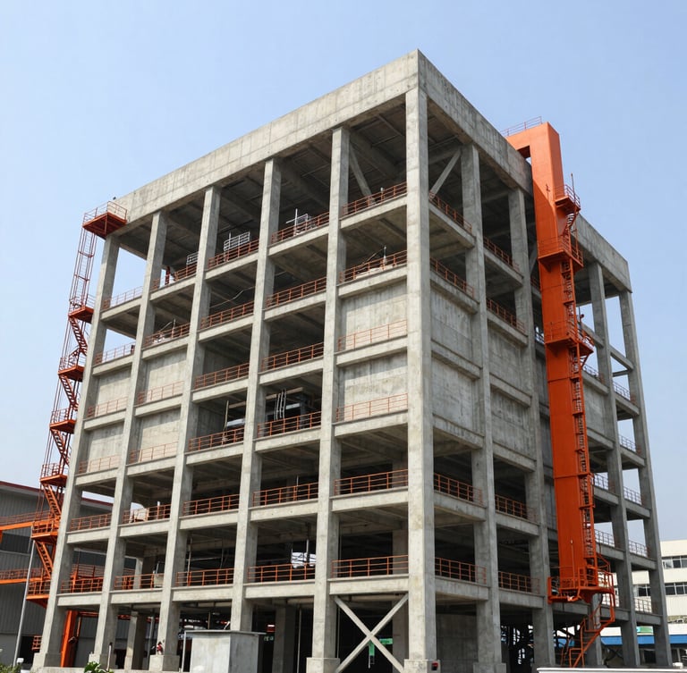 Wide-angle architectural perspective of a massive concrete industrial facility in Bangladesh, bright natural daylight, clean structural steel framing, safety-orange accents, sharp focus