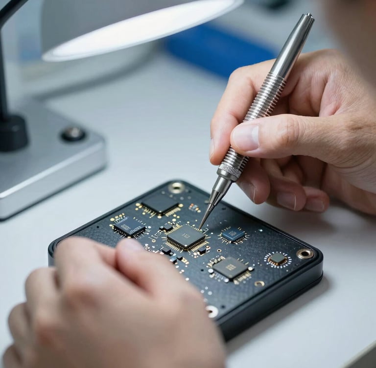 Close-up of a technician hands using precision tools to repair a device under focused laboratory light, clean workspace, 50mm