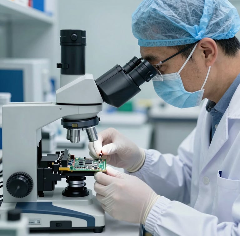 A professional technician in a clean sterile lab coat analyzing a circuit board under a microscope, focused lighting, slate gray and electric blue accents, 50mm