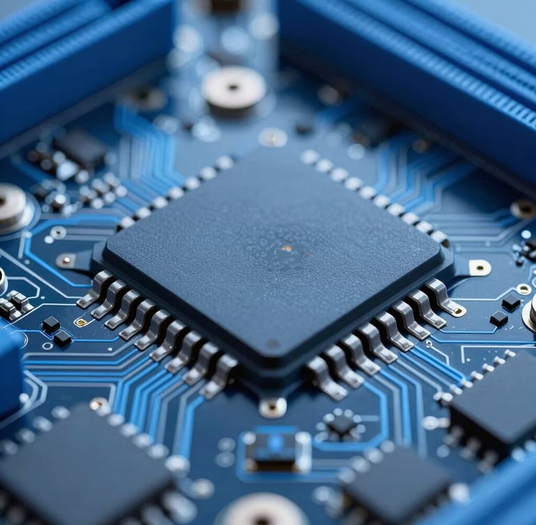 Extreme macro close-up of a high-end motherboard microchip under cool blue laboratory lighting, sharp focus on silicon pathways, slate gray and electric blue tones, 50mm