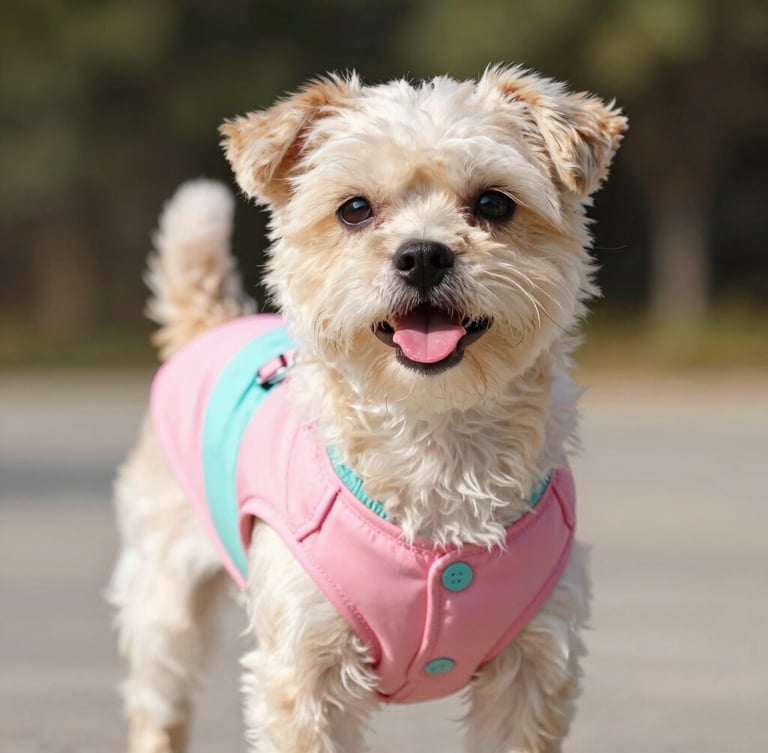 Close-up of a cheerful small dog wearing a vibrant, perfectly fitted pink and turquoise artisanal vest, standing proudly in warm natural daylight, sharp focus.