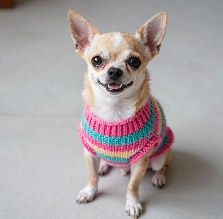 A happy small chihuahua wearing a colorful handcrafted pink and turquoise Mexican knitted sweater, sitting on a clean light grey floor, looking up with bright eyes, warm natural daylight.