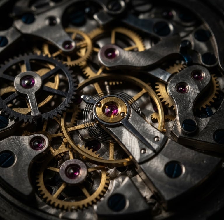 Extreme close-up macro shot of a mechanical watch movement, gears and ruby bearings, hard directional studio light, deep shadows, metallic textures, high contrast, 85mm lens