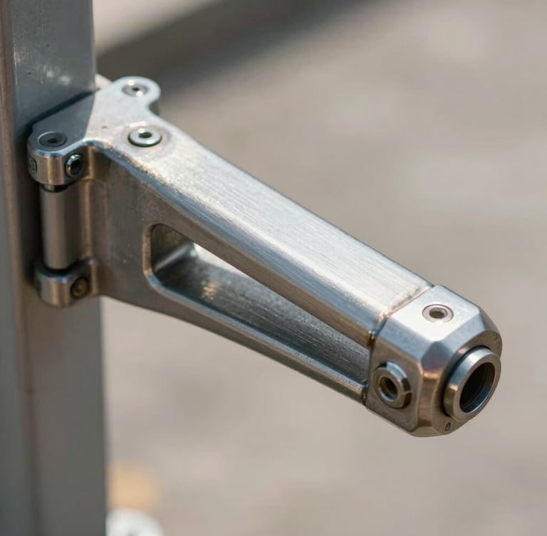 Close-up of a heavy-duty gate actuator arm, brushed metal, clean mechanical welds, bright daylight.