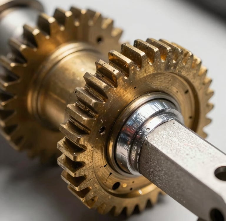 Macro close-up of heavy-duty brass gears and a clean actuator arm weld, bright high-contrast daylight, sharp shadows.
