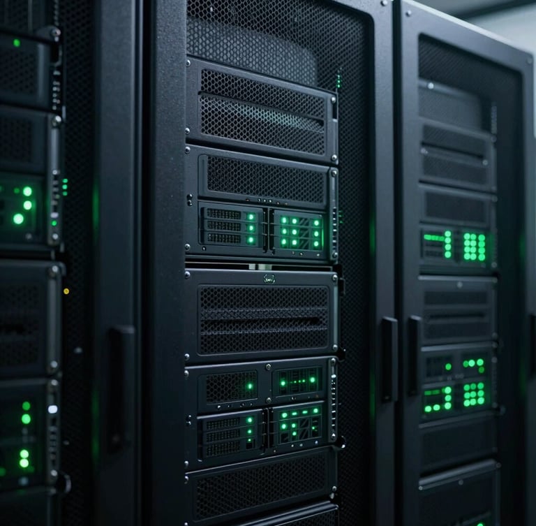 Macro shot of high-performance servers in a dark high-security data center, cool low-key lighting with subtle terminal green LED indicators, sharp focus, 35mm
