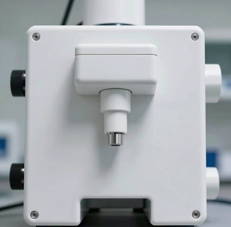 Symmetrical close-up of a pristine white medical dry imager chassis in a sterile clinical laboratory, bright diffused white lighting, sharp high-contrast shadows emphasizing the matte material finish.