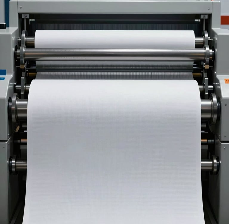 Symmetrical macro shot of a heavy industrial roll-to-roll printing press feeding a pristine white textured film, clinical white studio lighting, sharp shadows, focusing on the precision guide rollers.