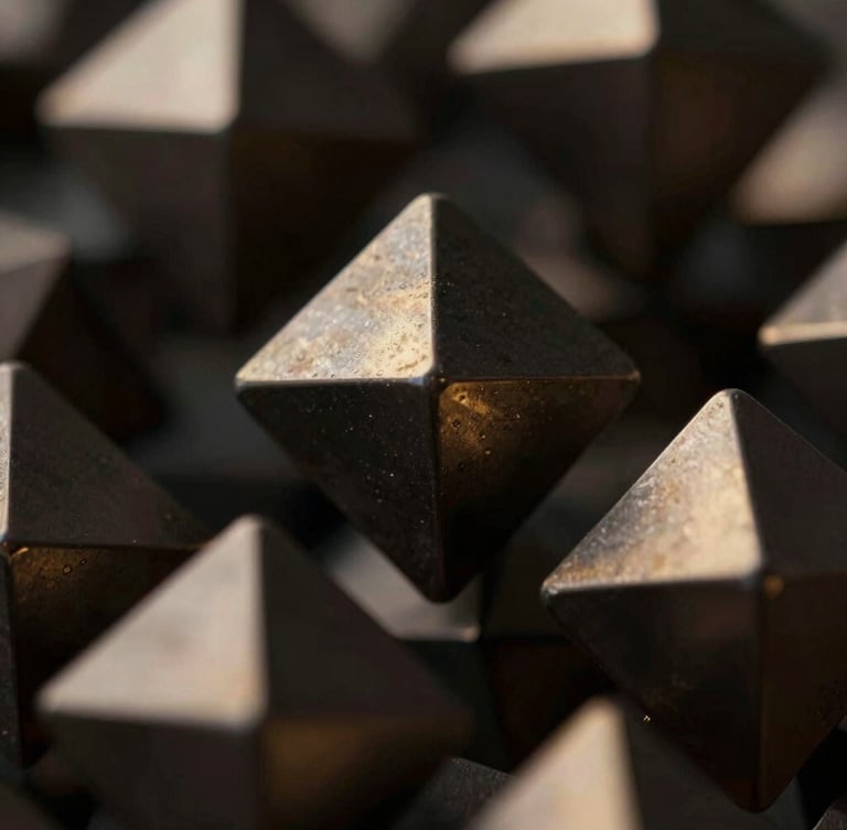 Macro close-up of abstract 3D geometric nodes with low-key cinematic lighting and subtle gold reflections on dark metallic surfaces.
