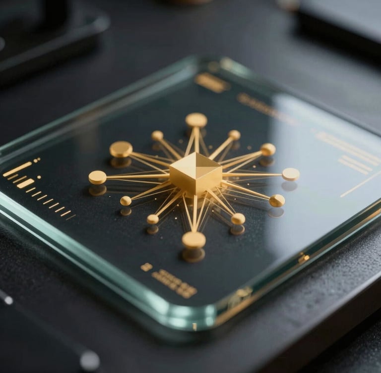Macro close-up of a layered glass user interface displaying clean golden data visualizations and abstract 3D geometric nodes, dark metallic background, low-key cinematic lighting.