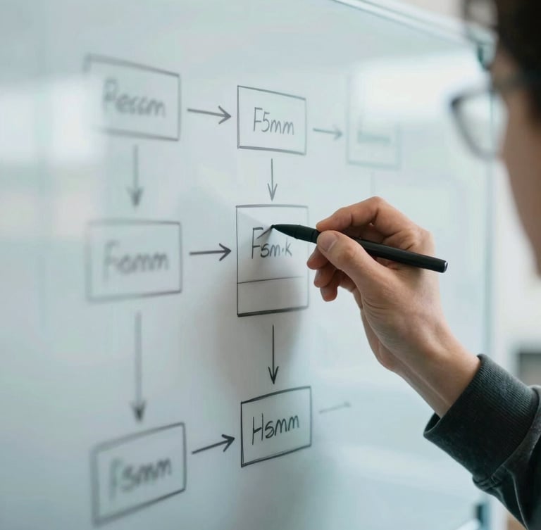 Close-up of hands sketching a workflow on a whiteboard, bright natural workspace light, soft cool-toned screen glow, modern editorial photography, 35mm