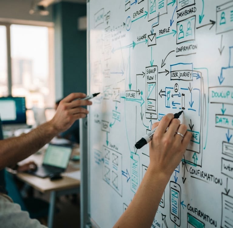 Close-up of hands sketching workflows on a whiteboard during a collaborative digital workshop in Casablanca, soft natural workspace light with a subtle cool screen glow, teal and slate tones, shallow depth of field, 35mm