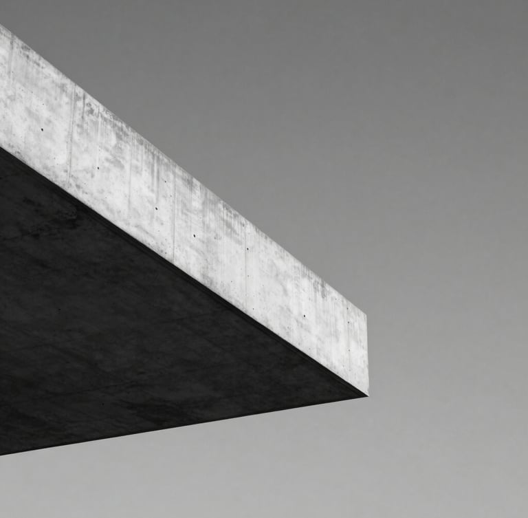 Minimalist architectural detail of a concrete cantilever edge slicing through a clear sky, hard diagonal division, stark black and white.