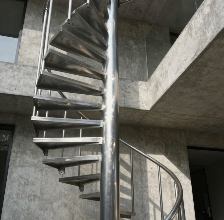 Low-angle architectural elevation of a minimalist stainless steel spiral staircase in a concrete villa, sharp shadows, natural light reflecting off satin-brushed metal.