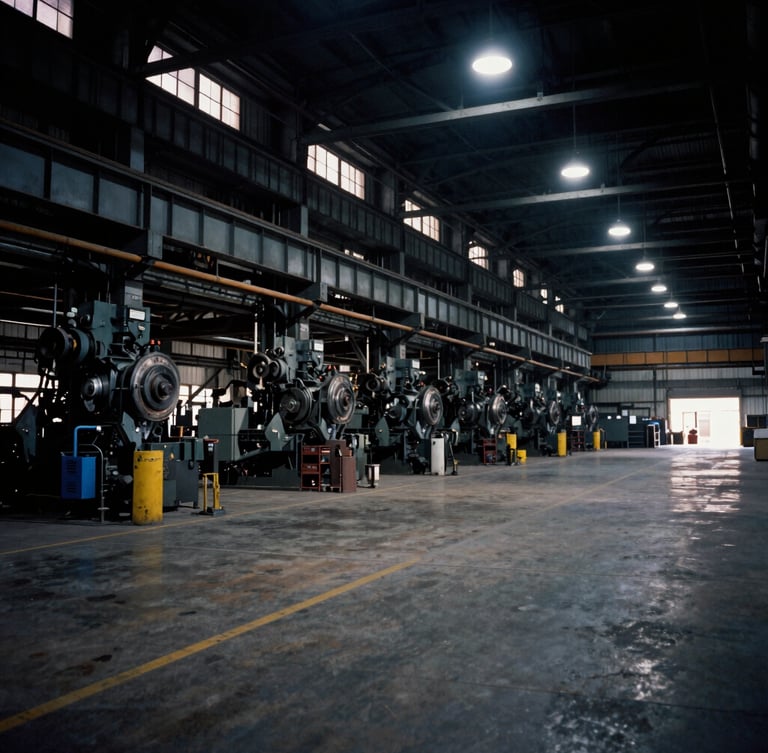 Wide angle industrial facility interior, overhead factory lighting, dramatic high-contrast shadows, 35mm gritty industrial photography
