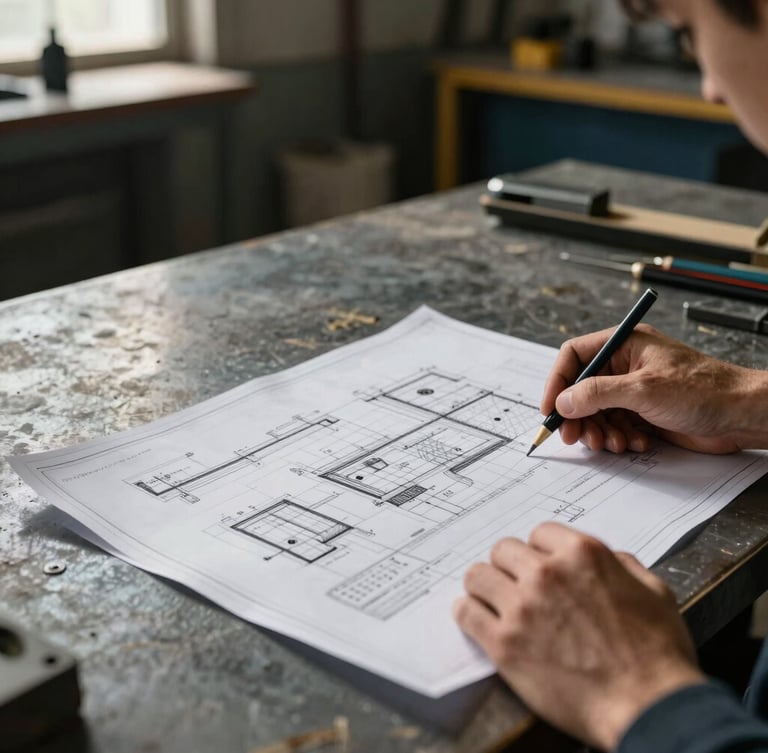 Close-up of hands reviewing technical blueprints on a metal workbench on-site, high-contrast natural factory light, gritty industrial tone