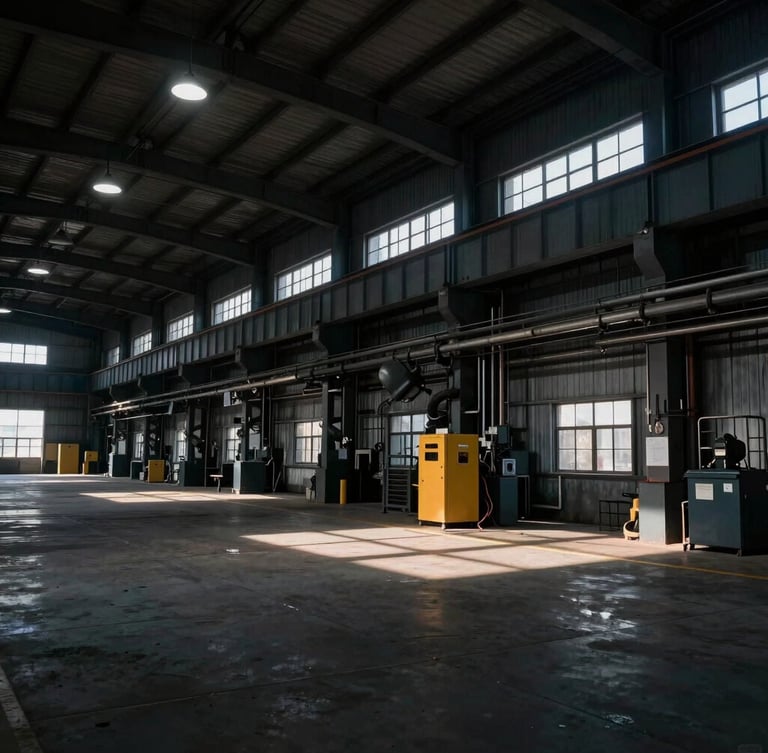 Wide angle industrial facility interior, natural high-contrast industrial light, dramatic shadows, overhead factory lighting showing scale of the facility