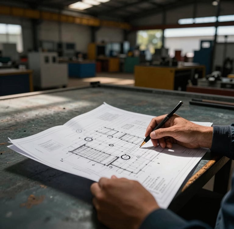 Close-up of hands reviewing technical blueprints on-site in a Colombian manufacturing plant, dramatic shadows, 35mm