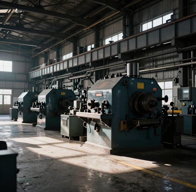 Wide-angle industrial facility interior in Cleveland, heavy machinery, high-contrast natural light, 35mm
