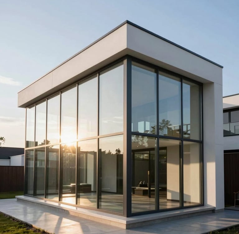 Architectural photography of a modern minimalist house with a glazed aluminum terrace system, golden hour sun flare reflecting on clean glass panels, sharp frame joints, 35mm lens