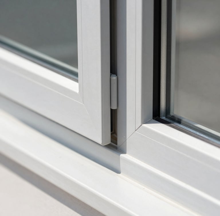 Architectural close-up of a modern aluminum window joint, clean anodized silver frame, crisp natural daylight, sharp details, 35mm lens