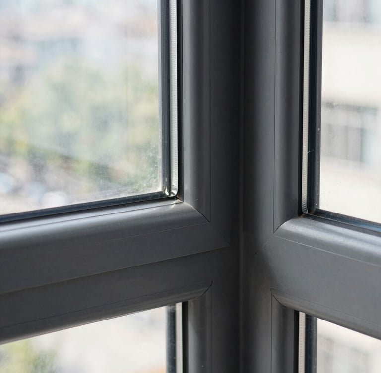 Sharp architectural close-up of a modern anthracite aluminum window frame joint, perfect seal visible, crisp natural daylight, realistic textures, 35mm lens