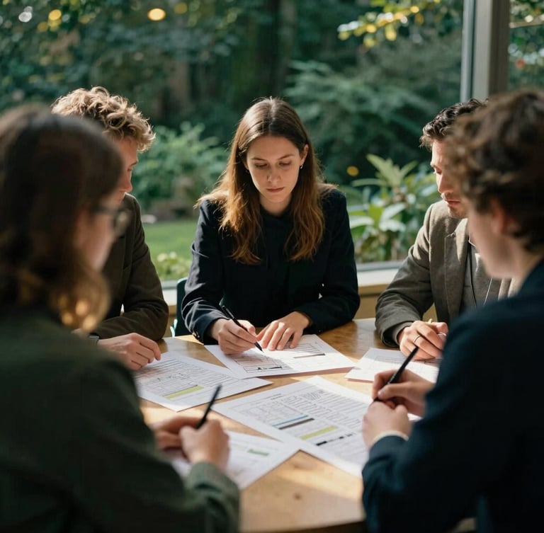 A warm editorial portrait of a collaborative marketing strategy session in Salisbury, team members huddled over physical charts, natural side-lighting, deep forest green and gold tones, shallow depth of field, 35mm