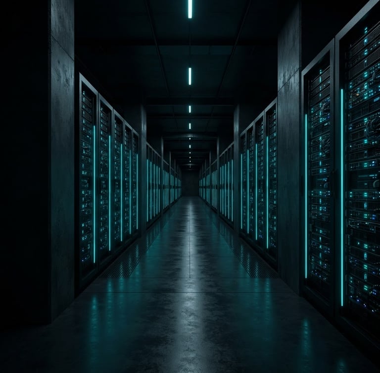 Low-key dramatic architectural photography of massive server corridors with glowing neon cyan LED indicator lights, sharp symmetrical perspective, obsidian concrete texture.