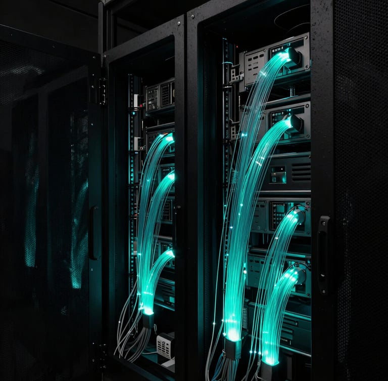 Extreme close-up of high-speed fiber optic cables glowing with intense cyan light inside a dark, brutalist concrete server room, sharp focus, low-key dramatic lighting.