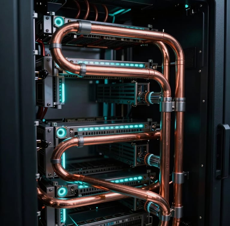 Extreme close-up of copper liquid-cooling pipes weaving through high-density server hardware, glowing cyan accents, dramatic low-key lighting.