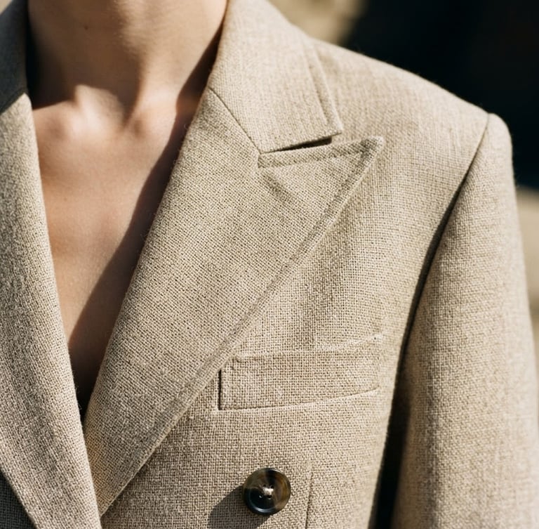 A close-up high-fashion crop of structured, sand-colored hemp tailoring. Sharp studio lighting casts dramatic shadows across the clean, architectural lines of the lapel.