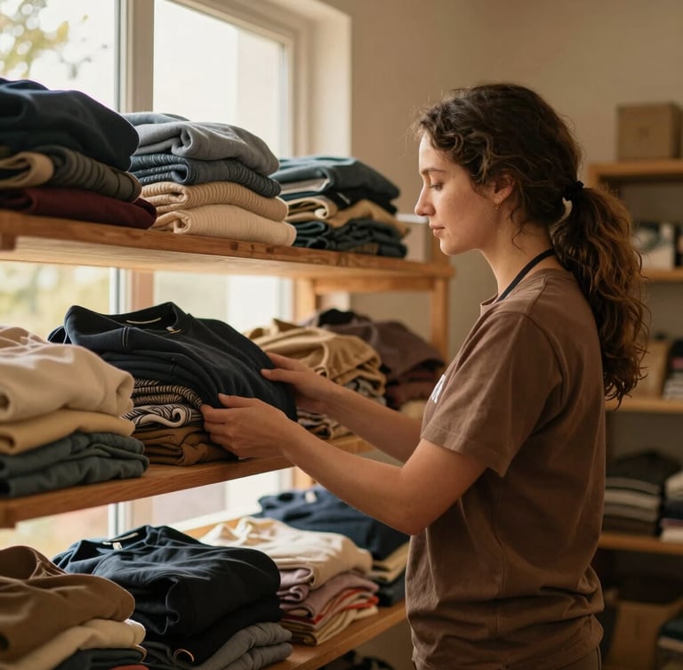 Warm editorial portrait of a community volunteer arranging beautifully stacked clothing on wooden shelves under soft window light, rich earthy tones