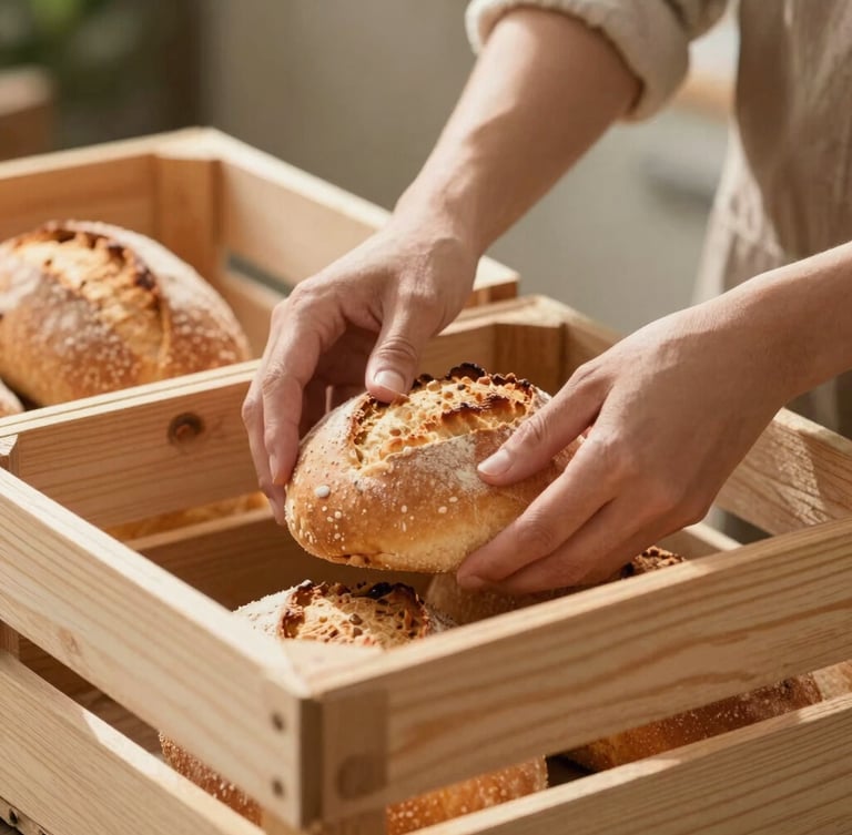 Hands carefully organizing fresh local produce and warm bread into neat wooden crates, soft natural light, shallow depth of field