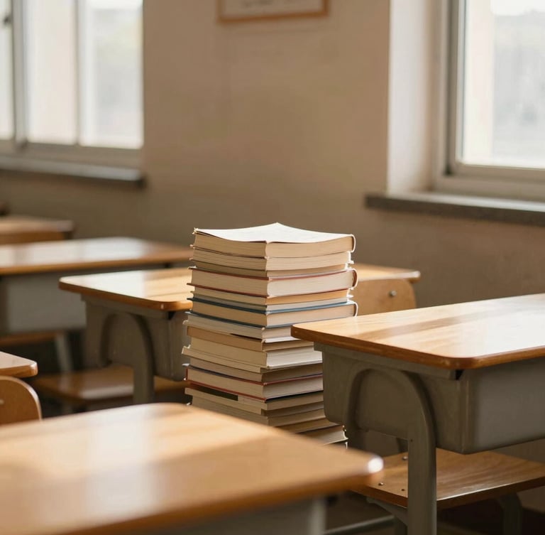 A quiet, sunlit classroom corner with neatly stacked books and wooden desks, warm morning light streaming through a window