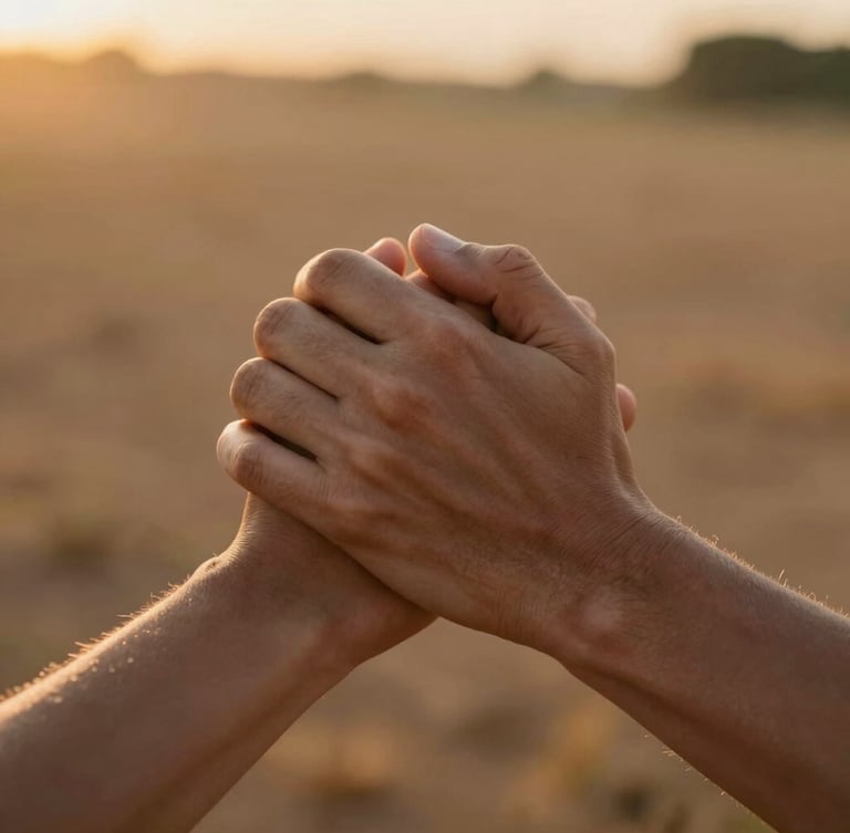A close-up of two hands clasped together in a gesture of support, soft golden-hour light, warm earth tones, shallow depth of field