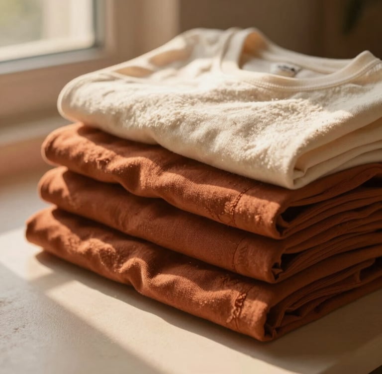 A close-up of neatly folded organic cotton garments in warm terracotta and cream tones, bathed in soft golden-hour window light.