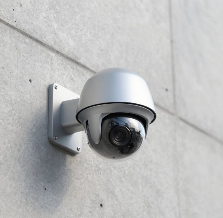 Sharp architectural photography of a modern high-end dome security camera neatly mounted on a clean concrete wall under bright natural daylight, cool slate tones, zero visible wires, professional depth of field.