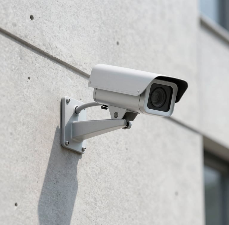 Sharp architectural close-up of a modern security camera mounted on a clean slate gray concrete wall, perfect cable alignment, bright daylight, professional depth of field