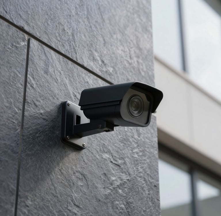 Sleek modern black security camera mounted on a clean dark slate facade, sharp architectural symmetry, bright morning light, professional depth of field.