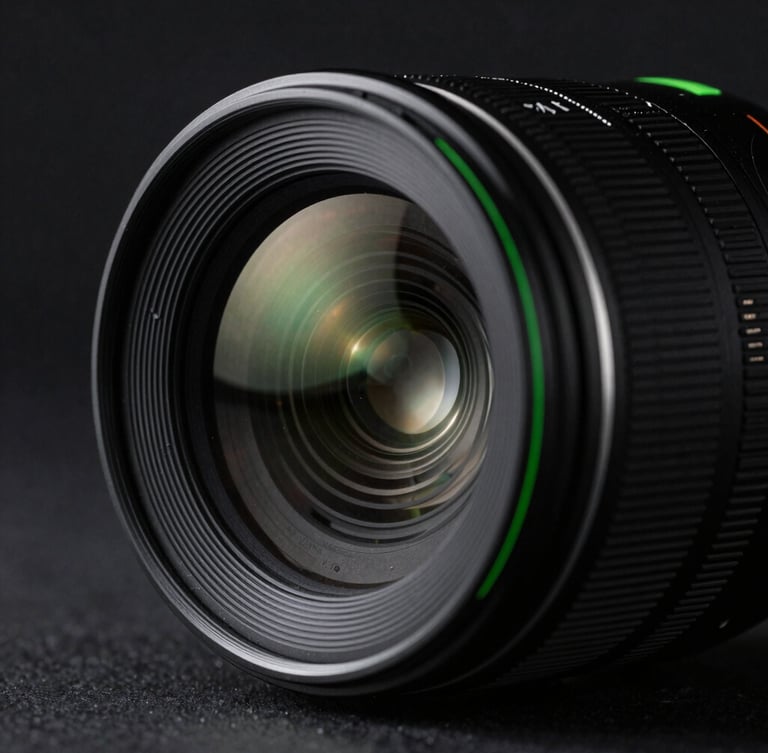 Macro close-up of a premium camera lens with sharp reflections, soft green ambient rim lighting, clean high-contrast dark studio background