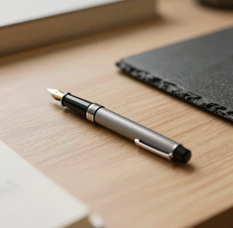 A single high-quality fountain pen resting on a clean oak desk, soft natural side lighting, shallow depth of field, minimalist workspace