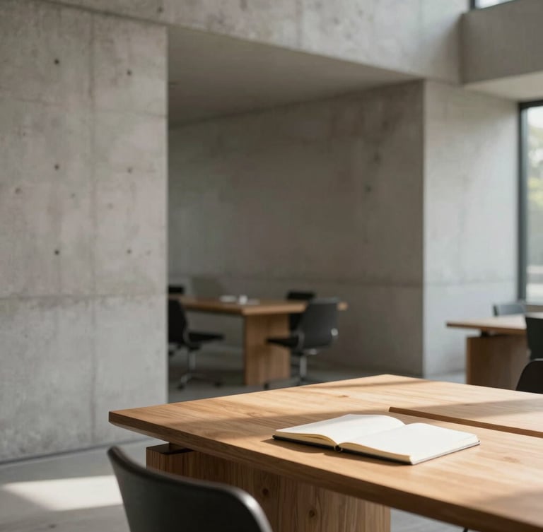 Minimalist architectural office space with clean concrete lines, soft natural daylight casting long shadows on a warm wooden desk with a single notebook, shallow depth of field.