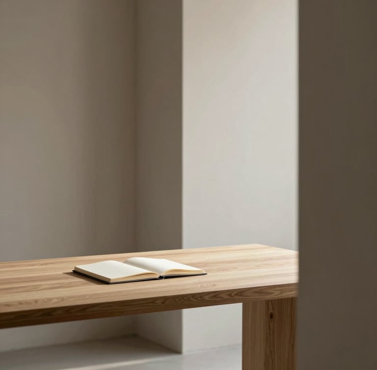 Warm minimalist editorial photography of an architectural space with clean lines, light oak desk with a single notebook, soft morning daylight, muted shadows.