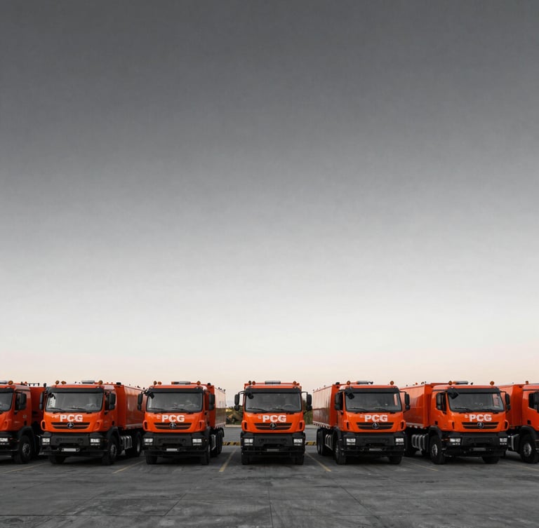 Wide-angle shot of marked PCG Wind service vehicles, heavy-duty trucks, parked in a dispatch yard at dawn, ready for mobilization, low horizon, industrial documentary photography style