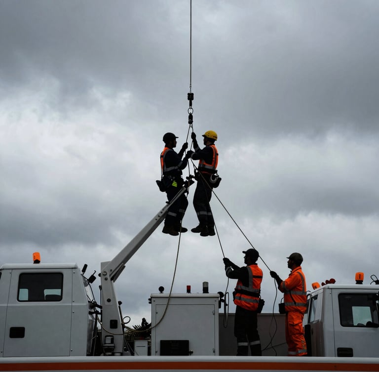 Technicians in high-visibility gear rigging ropes on a specialized service vehicle, silhouetted against a dramatic overcast sky, industrial documentary style, safety orange accents.