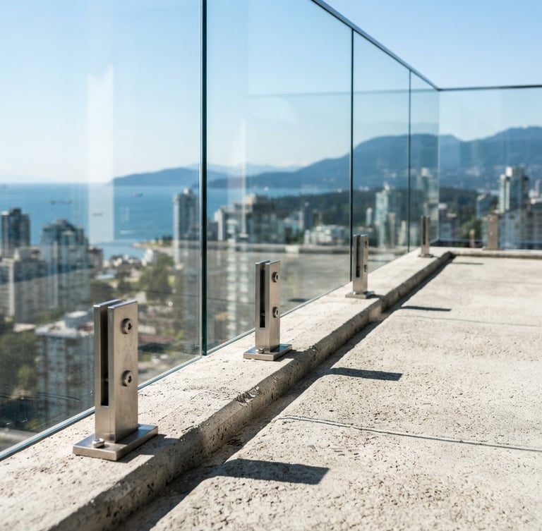 Crisp architectural photography of a minimalist glass guardrail with brushed steel connectors on a high-end concrete balcony, sharp high-contrast shadows, cool daylight, 50mm lens
