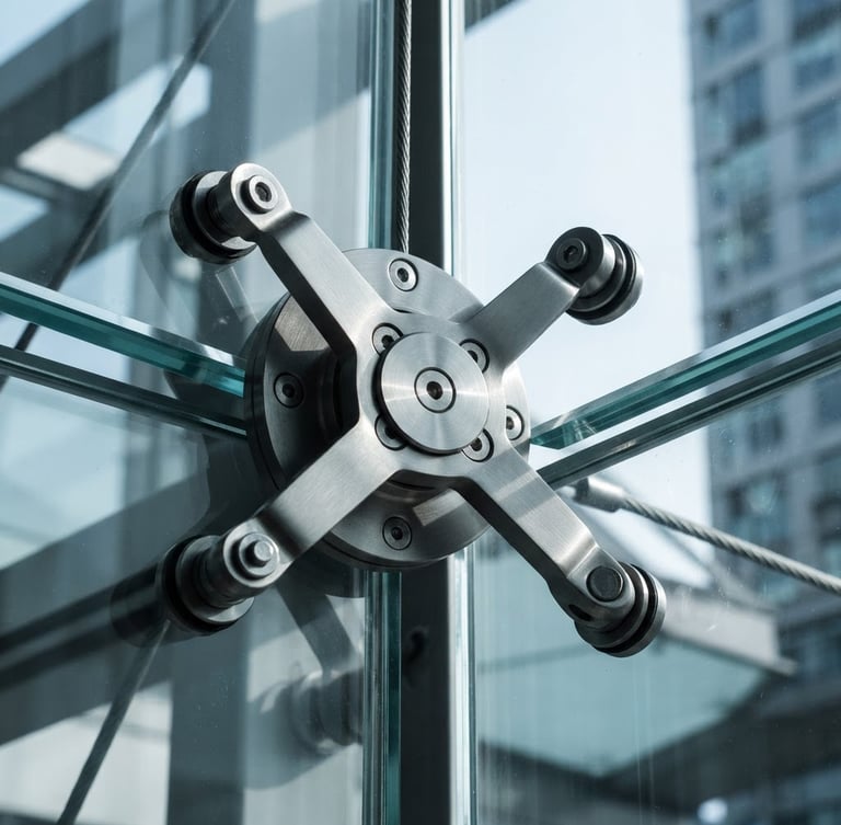 Macro close-up of a brushed stainless steel spider connector on a thick glass facade, sharp high-contrast shadows, cool architectural daylight, 50mm lens.