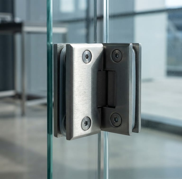 Macro close-up of a heavy-duty brushed stainless steel glass hinge mounted on a thick tempered glass panel, sharp architectural daylight, high-contrast shadows highlighting the metallic grain, 50mm lens.