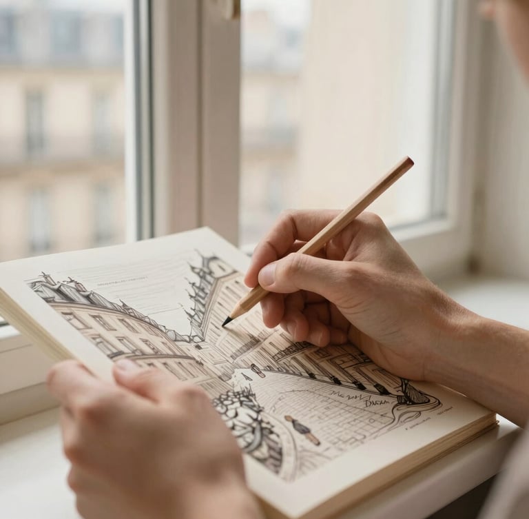Warm editorial photography of hands gently holding a colored pencil over detailed illustrations of Parisian streets, soft morning window light, muted cream and earthy tones, shallow depth of field, 35mm