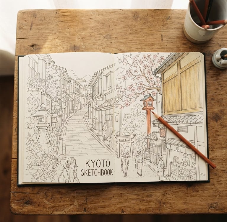 Overhead flat-lay of an open coloring book on a wooden table, showing elegant hand-drawn Kyoto streets, a sharp colored pencil, and soft morning window light, 35mm.